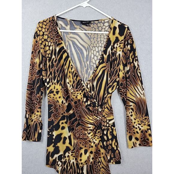 Spense Brown Animal Print LS Faux Wrap V Neck Blouse Women's Large Stretch - Picture 2 of 11